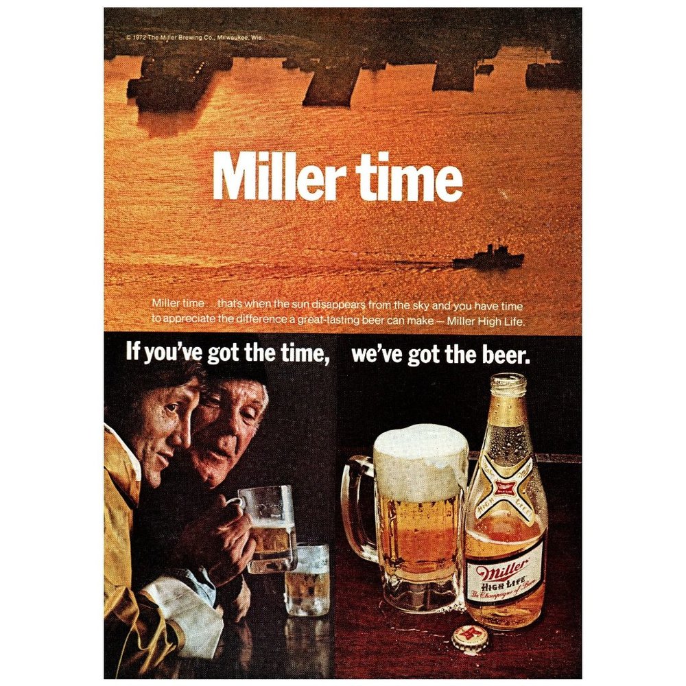 1972 Miller Time High Life Vintage Print Ad Father Son Docks Wharf Boat Sunset